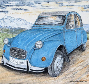 Si la première 2CV a été dévoilée au Salon Automobile de Paris en octobre 1948, ce véhicule a évolué au fil du temps pour devenir le symbole de la "France classique" avec la baguette et la Tour Eiffel. Tableau de format 50 X 80 cm en techniques mixtes pour ce modèle de l'année 1986 avec sa teinte bleue