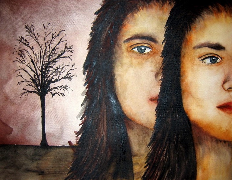 Les deux visages se font face sans véritablement se rencontrer. La proximité des figures crée une tension silencieuse, un espace où se mêlent identité, intimité et altérité. Les transparences de l'aquarelle, les tonalités chaudes et les ombres profondes donnent aux visages une présence presque intemporelle et l'arbre solitaire introduit une dimension symbolique.