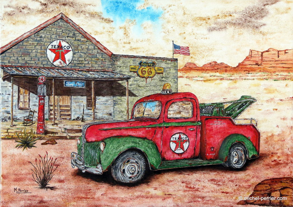 Dépanneuse FORD des années 40, au logo TEXACO, posée dans le désert américain, au bord de la mythique Route 66.Toile en lin ; techniques mixtes ; format 50 X 70 cm