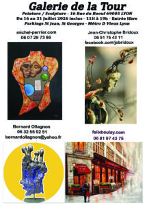 Exposition dans un lieu emblématique du Vieux Lyon en compagnie de 3 autres artistes, du 16 au 31 Juillet.