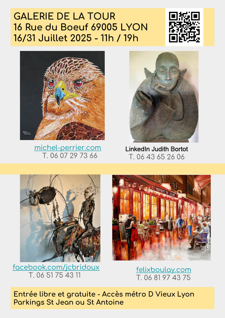 Expo estivale de 4 artistes plasticiens dans un lieu emblématique du patrimoine lyonnais. Chaque créateur propose un regard personnel sur le monde avec différents styles de peinture et de recherche plastique contemporaine.