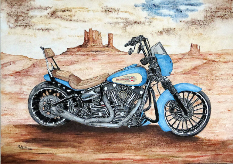 Une moto Harley-Davidson, symbole mythique de la liberté, est associée aux étendues sauvages et infinies du désert américain. Les nuances subtiles du ciel et du sable font ressortir les détails précis de cette belle mécanique. Format 92X 65 cm en techniques mixtes.