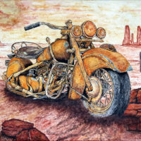 La mythique moto Indian rouillée et posée dans le désert américain