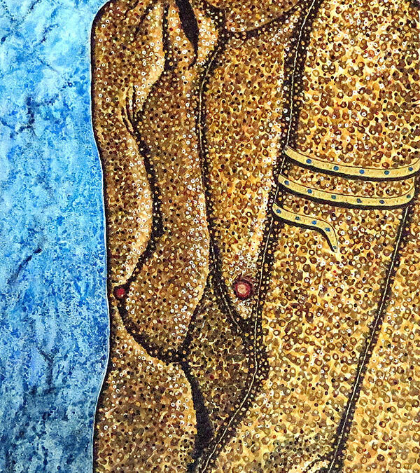 Tableau pointillé en techniques mixtes, de format 60 X 120 cm. Les différentes d'ocre donnent le contraste qui met en valeur le corps féminin avec le fond bleu nuagé.