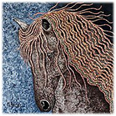 Interprétation personnelle d'un cheval avec la technique pointillée pour ce tableau de format 30 X 30 cm, en techniques mixtes, avec caisse américaine. Fond bleu.