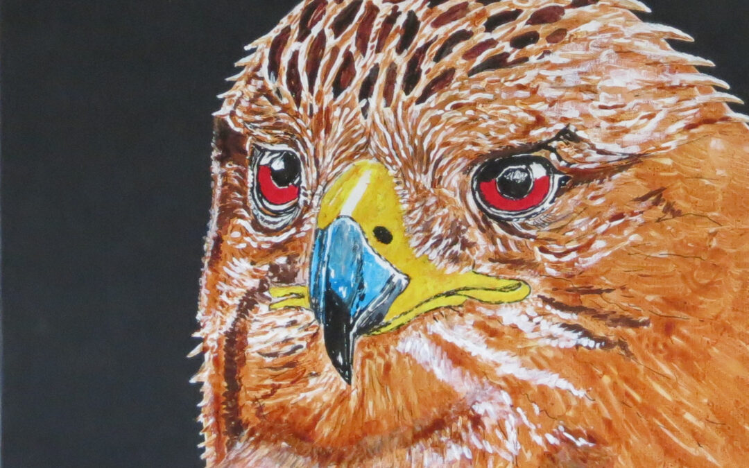 Ce guetteur fait peser son "regard de feu" avec une grande intensité. Tableau de format 46 X 55 cm en techniques mixtes.