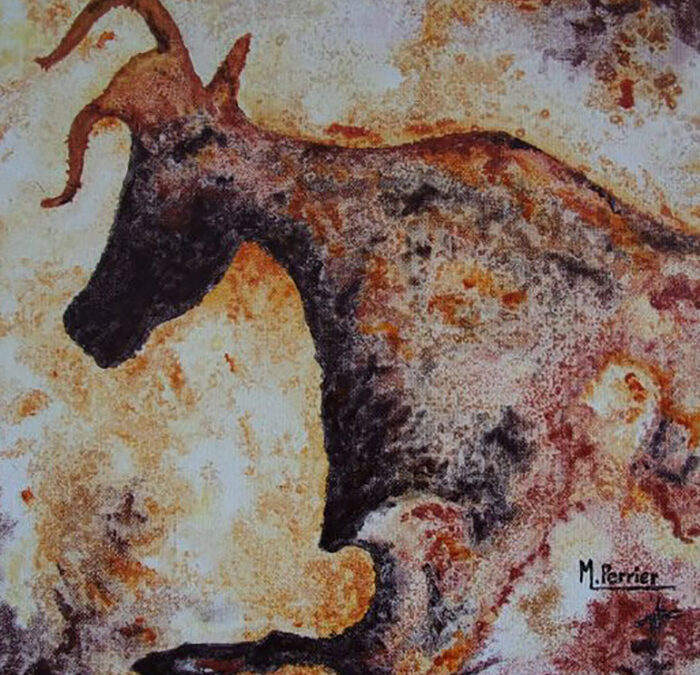 Inspiré des célèbres peintures rupestres ce tableau de format 30 X 30 cm, avec caisse américaine, représente le monde animal préhistorique en mouvement. n° 2 - Techniques mixtes
