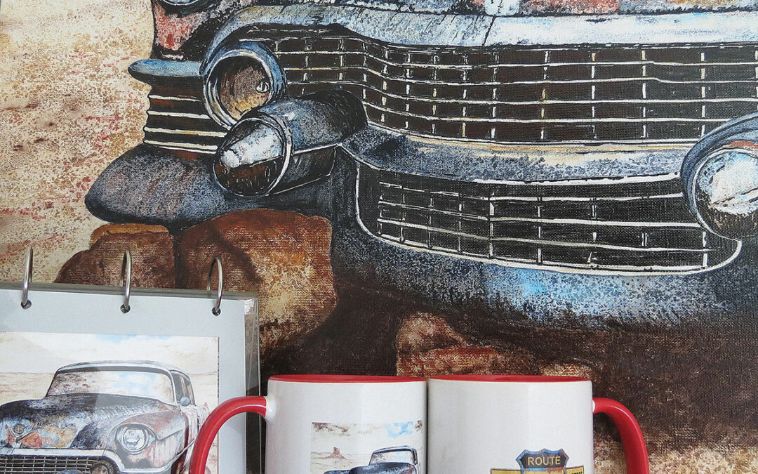 Mug intérieur rouge, d'après le tableau original "CADILLAC" de Michel Perrier qui est réalisé en format 100 X 80 cm.