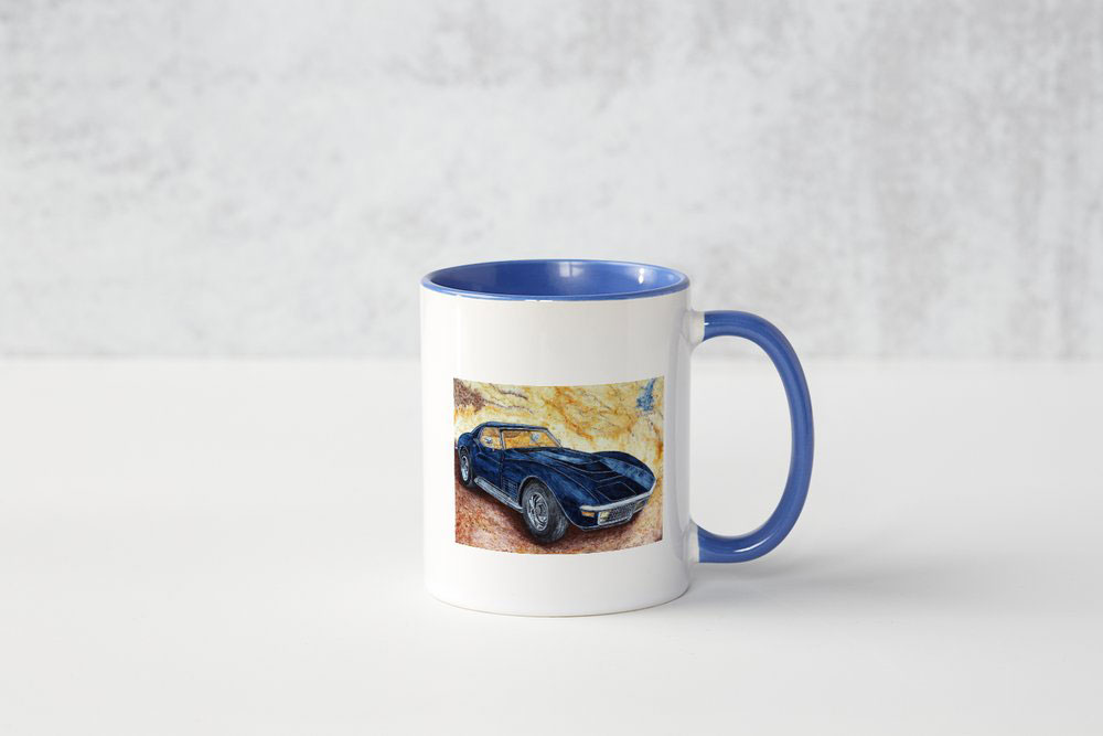MUG Corvette, intérieur bleu, d'après le tableau original de Michel Perrier de format 80 X 90 cm