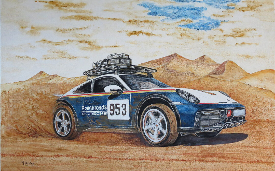 Hommage à la PORSCHE 911 - type 953, première voiture de sport à remporter le rallye Paris-Dakar en 1984. Toile de format 92 X 65 cm.