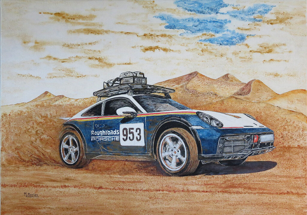 PORSCHE Dakar dans les dunes Format 92 X 65 cm en techniques mixtes