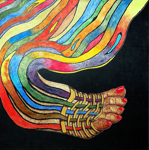 Ce tableau "PIED MULTICOLORE" donne une impression de mouvement avec ses rubans colorés qui s'échappent du tressage. Toile de 80 X 80 cm.