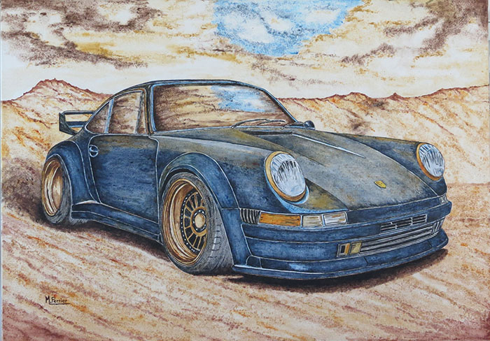 Libre interprétation de l'artiste pour une PORSCHE bleue au jantes dorées. Toile en lin de format 92 X 65 cm.