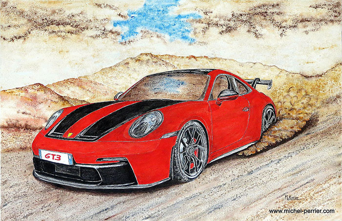 Voiture PORSCHE GT3 rouge.Châssis entoilé en lin de format 90 X 60 cm.