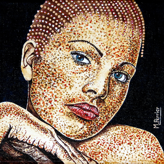 Interprétation personnelle d'un visage pointillé pour ce tableau de format 30 X 30 cm, en techniques mixtes. n° 2