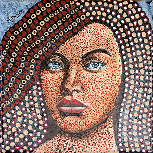 Interprétation personnelle d'un visage pointillé pour ce tableau de format 30 X 30 cm, en techniques mixtes. n° 5