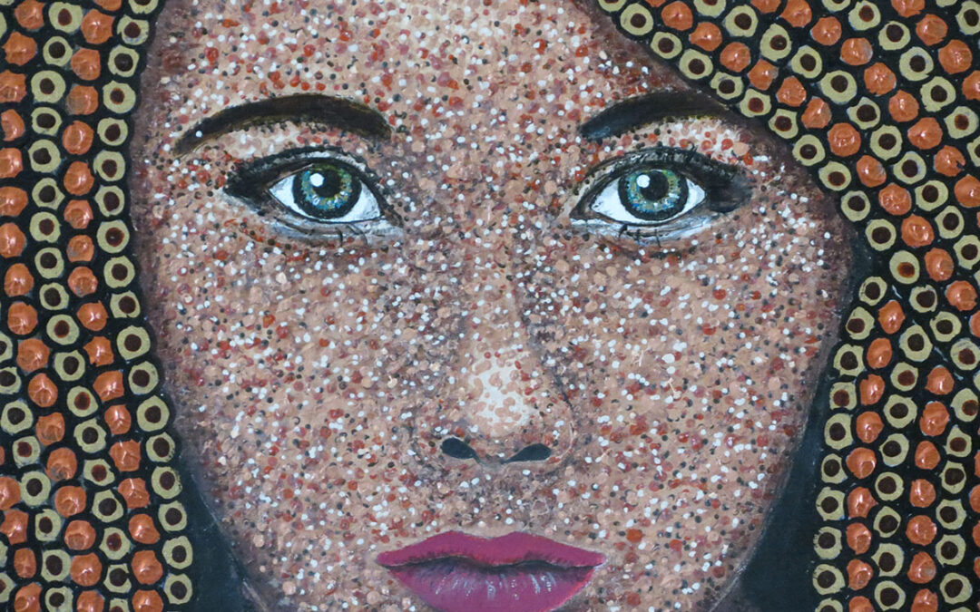 Interprétation personnelle d'un visage pointillé pour ce tableau de format 30 X 30 cm, en techniques mixtes. n° 6