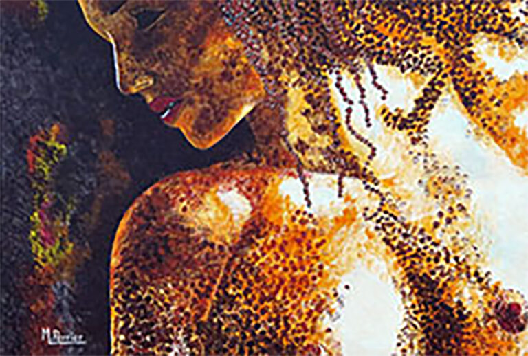 Les contours de ce profil féminin sont soulignés par l'utilisation des couleurs ocre et doré. La technique pointillée juxtapose ces teintes chaleureuses pour un rendu tout en douceur Format de 50 cm X 70 cm