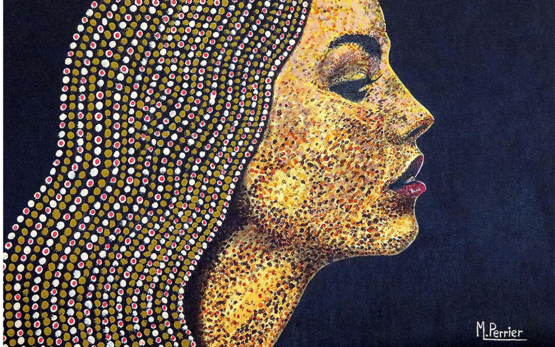 Pour ce profil féminin, réalisé en technique pointillée, la chevelure perlée, aux teintes rouge et doré, crée le contraste avec les points ocrés du visage. Toile en technique mixte, de format 54 X 73 cm.