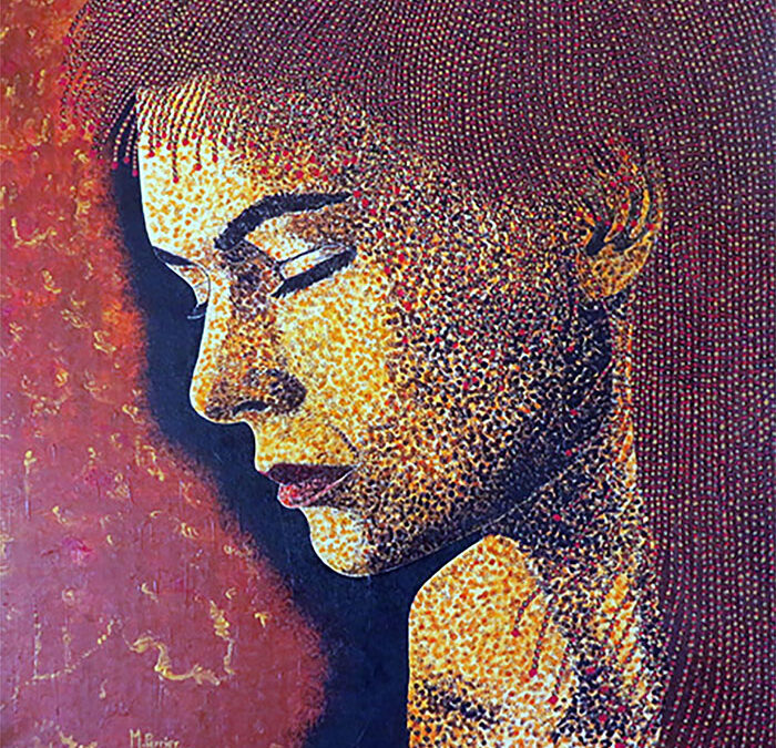 Pour ce profil féminin, réalisé en technique pointillée, la teinte "Rouge de Venise" se réplique sur le fond rouge et or, ainsi que sur les perles. Le points colorés du visage rappellent la même tonalité chromatique avec un contraste soulignant l'intense réflexion intérieure. Toile en technique mixte, de format 100 X 100 cm.