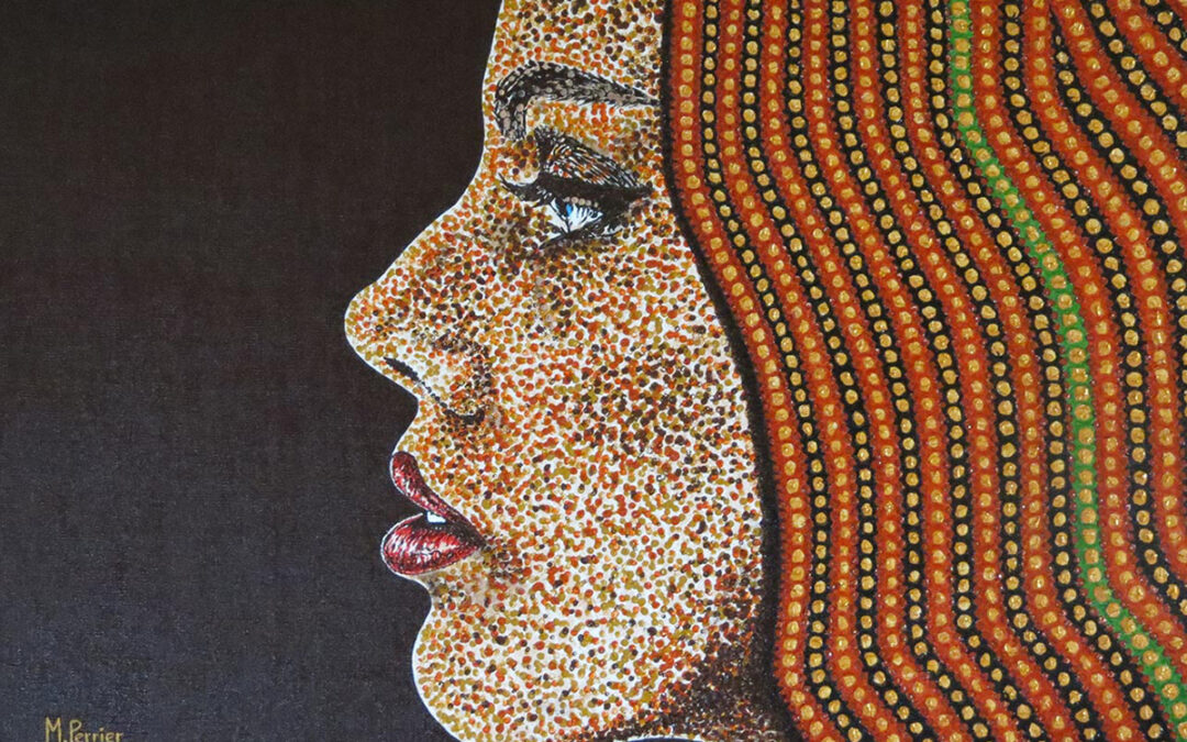 Ce profil féminin, réalisé en technique pointillée, met en valeur l'expression du visage et la coiffure perlée en juxtaposant des points de couleurs contrastées. Toile en technique mixte, de format 70 cm X 50 cm