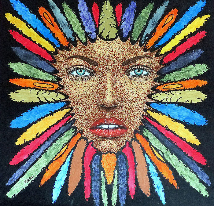 Visage pointillé avec des sortes de plumes multicolores qui créent le contraste. Techniques mixtes 100 X 100 cm