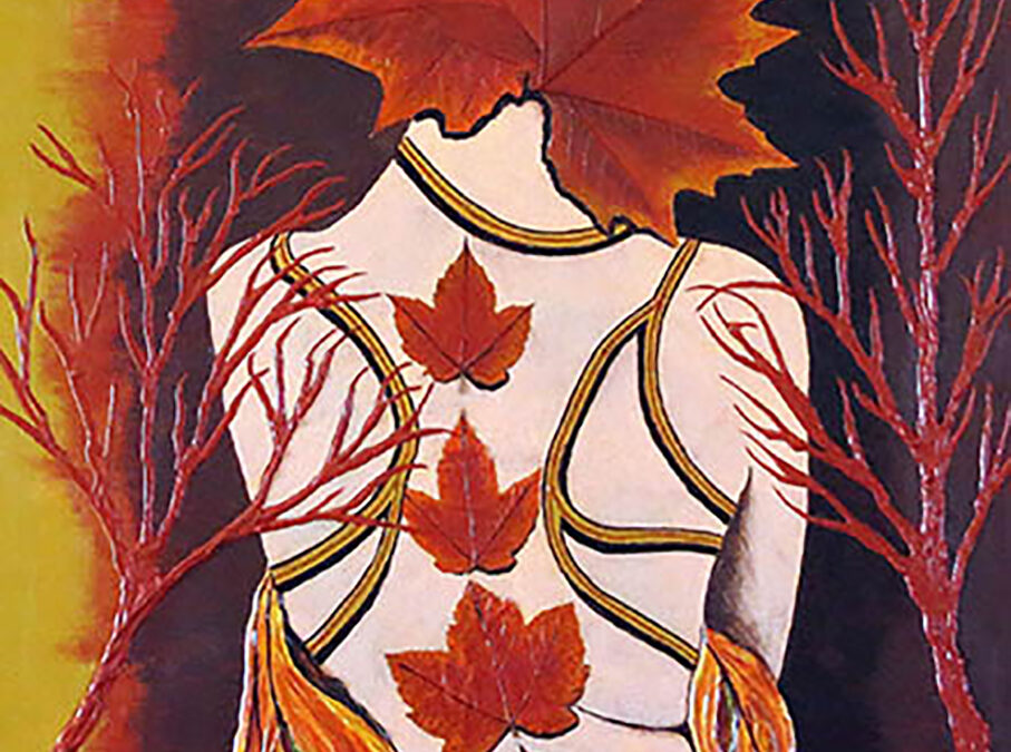 Des feuilles d'érable séchées, collées, peintes et vernies figurent la chevelure d'un personnage féminin pour ce tableau n°2 d'une série de 6. Format 50 X 65 cm.