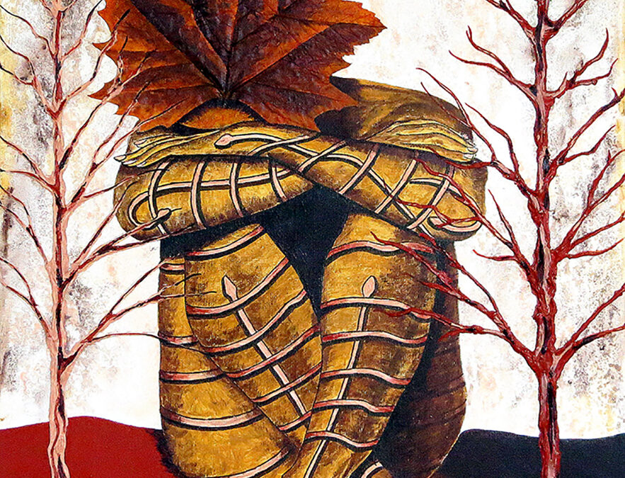 Des feuilles d'érable séchées, collées, peintes et vernies figurent la chevelure d'un personnage féminin pour ce tableau n°4 d'une série de 6. Format 50 X 65 cm.