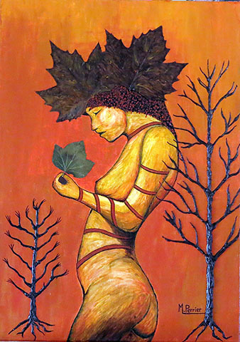 Des feuilles d'érable séchées, collées, peintes et vernies figurent la chevelure d'un personnage féminin pour ce tableau n°3 d'une série de 6. Format 50 X 70 cm.