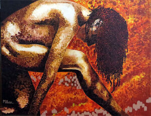 VESTA est connue comme déesse du foyer, de la maison et de la famille dans la religion romaine. Sa présence était symbolisée par le "feu sacré" qui brulait dans ses temples. Dans ce tableau, les mélanges des différents teintes d'ocre, de terre d'ombre brulée, de brun Van Dyck ou du rouge de cadmium créent une ambiance rappelant le feu et les flammes. Format 80 X 100 cm en techniques mixtes.