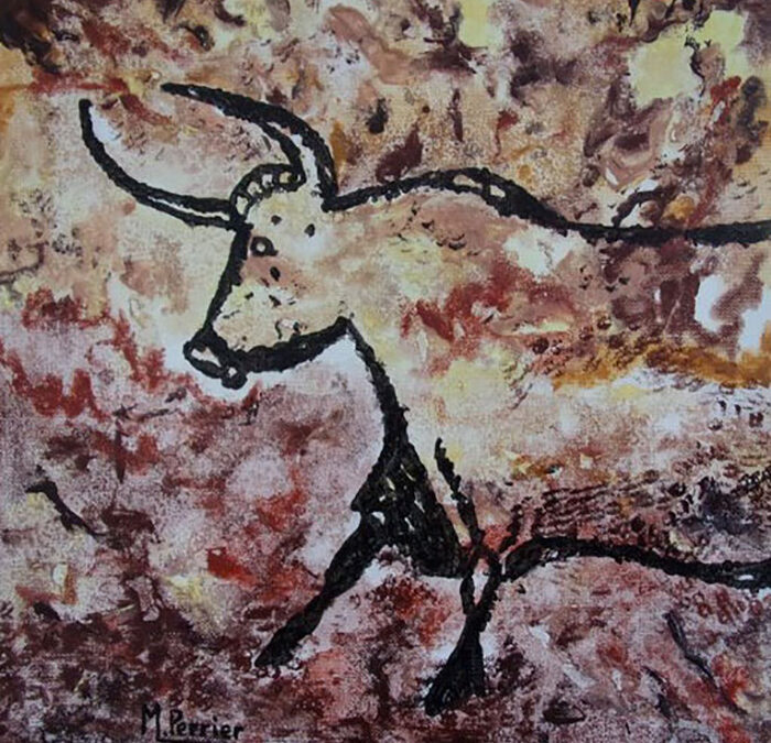 Inspiré des célèbres peintures rupestres ce tableau de format 30 X 30 cm, avec caisse américaine, représente le monde animal préhistorique en mouvement.