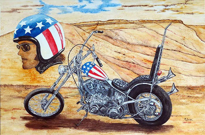 Élément central du film "EASY RIDER" , le chopper conduit par Peter Fonda est une véritable odyssée à moto dans les grands espaces du Sud-Ouest américain. Châssis entoilé de format 60 X 90 cm en techniques mixtes.