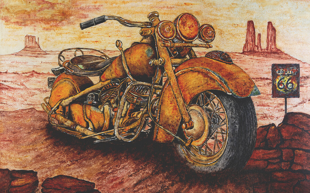 Cette moto Indian rouillée est posée dans le décor mythique de l'Ouest américain, non loin de la Route 66. Toile de 54 X 73 cm en techniques mixtes.