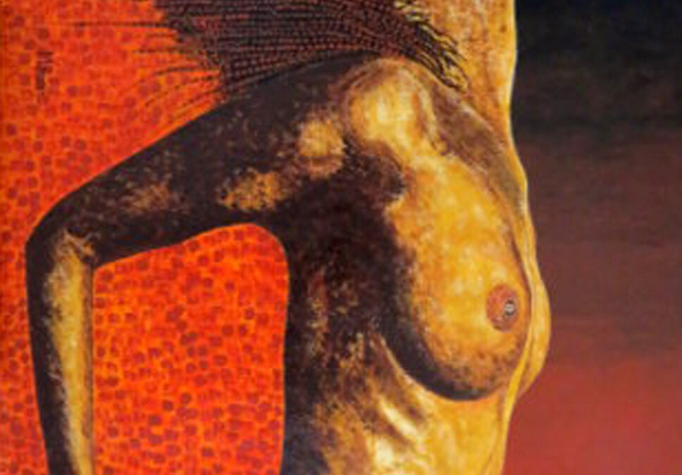 Dans le tableau APESANTEUR, les différentes teintes ocre, terre d'ombre brulée, brun Van Dyck ou rouge de Venise se mêlent harmonieusement aux pointillés pour créer une atmosphère chaleureuse . Ce profil de corps féminin peut s'accrocher de manière verticale ou horizontale. Format 80 X 100 cm en techniques mixtes.