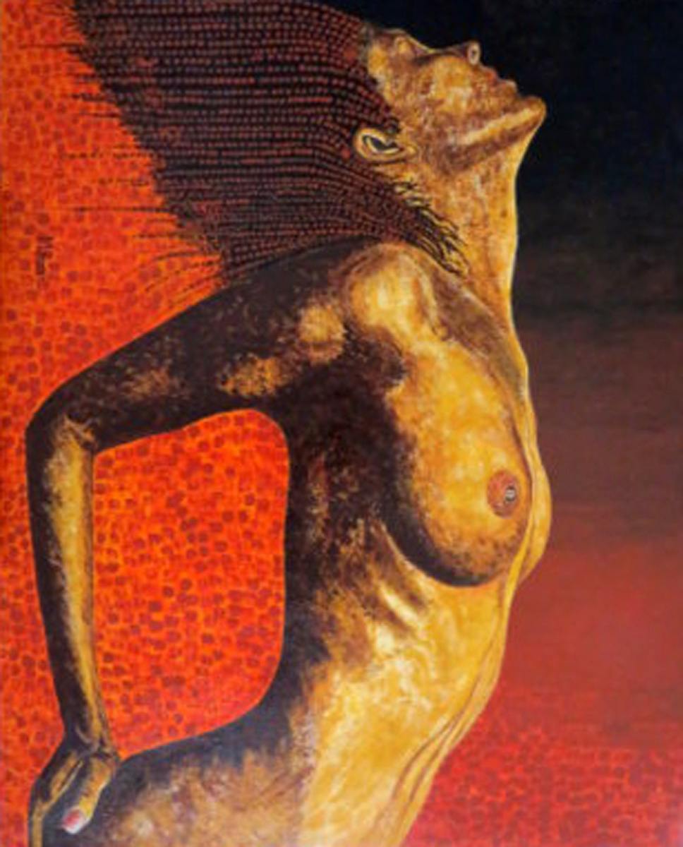 APESANTEUR<br />
Tableau féminin de format 80 X 100 cm en technique pointillée