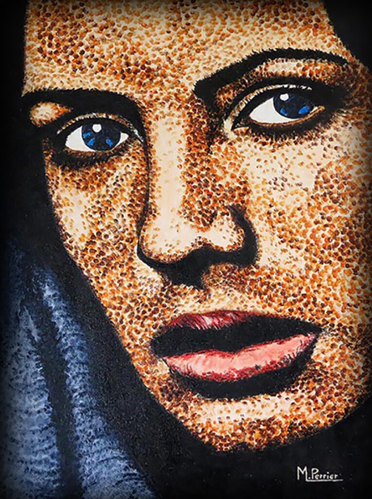 Portrait femme drapée en bleu avec technique pointillée. Format 70 X 50 cm