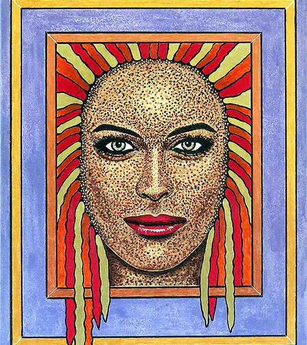 Le "cadre à l'intérieur d'un cadre" présente un visage en technique pointillé, auréolé de rubans rouge et or, pour cette version 2 de format 85 X 54 cm.