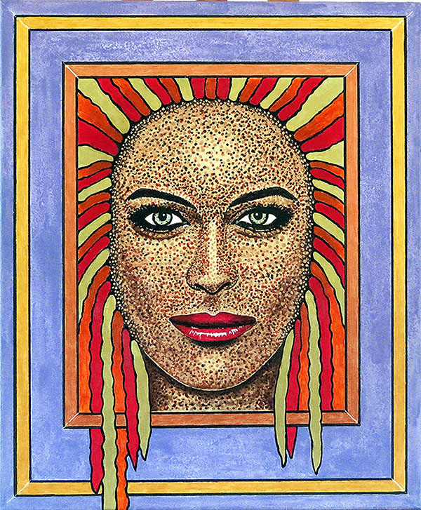 L'entourage bleu / violet et doré du portrait féminin en pointillé semble composer un cadre dans le cadre. La chevelure aux coloris rouge et or met en valeur le regard bienveillant et attentif du personnage. Déclinaison du tableau en techniques mixtes avec un format 100 X 80 cm