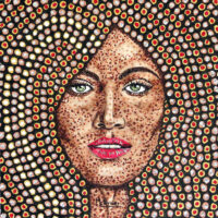 Dans ce portrait féminin réalisé en technique pointillée, les perles dorées de la chevelure forment un écrin chaleureux autour du visage. Le contraste des points de couleur sur la peau renforce l'expression du visage et l'ensemble, avec des yeux verts émeraude, contribue à créer une belle harmonie.