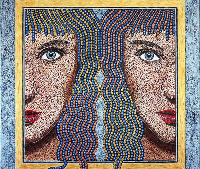 Ces deux visages féminins, tout en nuances de bleu, s'affichent avec un visage expressif en technique pointillée. Les perles dorées et cuivrées de la chevelure ont une intensité variable en fonction de la lumière. Leurs regards bleus, attentifs et bienveillants, suivent chaque passage devant le tableau. Techniques mixtes Format de 80 cm X 80 cm