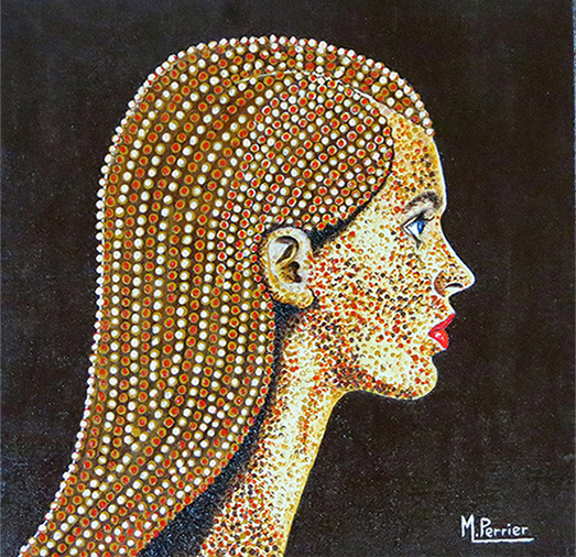 Interprétation personnelle d'un visage pointillé pour ce tableau de format 30 X 30 cm, en techniques mixtes. n° 1