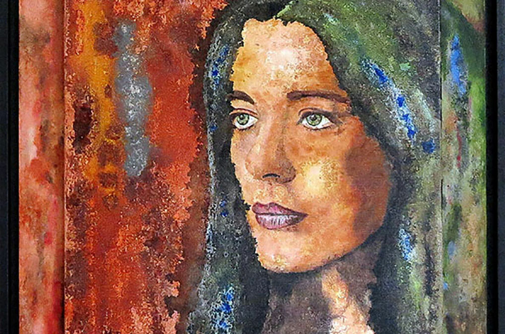 Ce portrait carré, fixé sur un support bois de 64 X 54 cm, reprend les différentes teintes du tableau. Encadrement avec une caisse américaine.