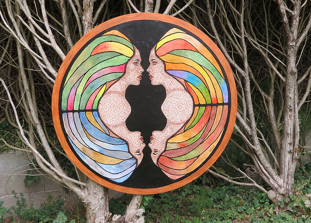Saisons<br />
Portrait pointillé circulaire de diamètre 100 cm, en techniques mixtes
