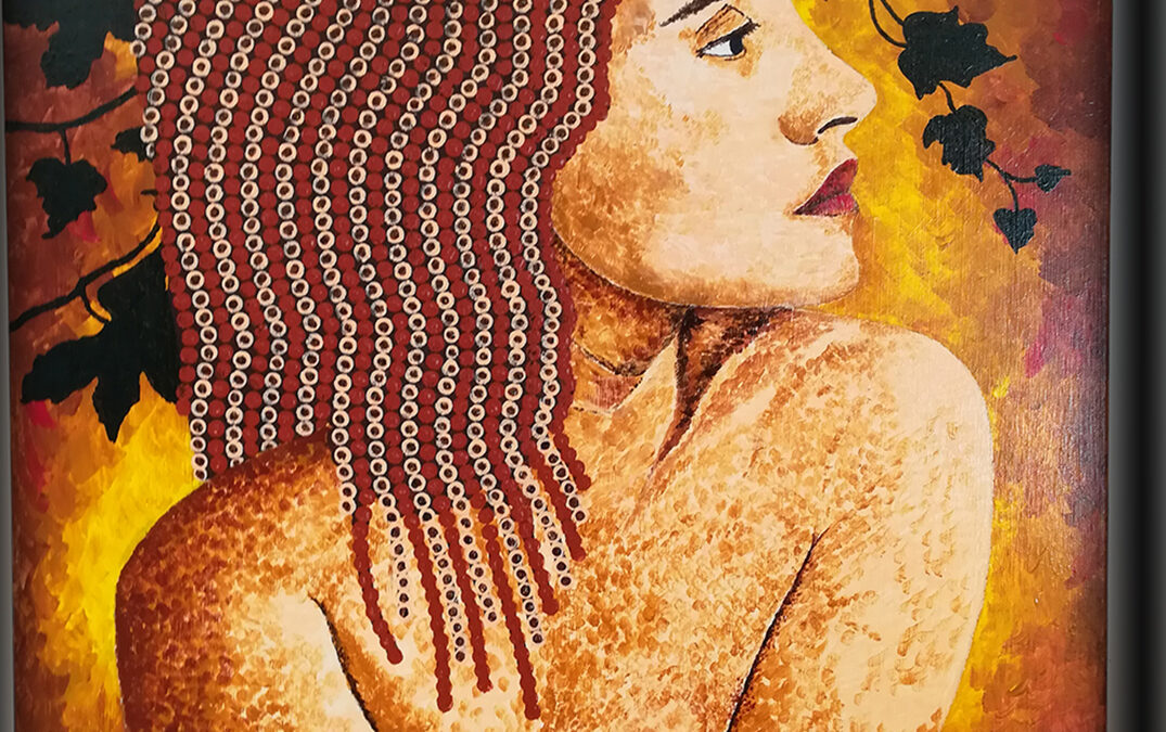 Portrait féminin vers une treille. Les pointillés aux teintes douces du visage et des épaules contrastent avec la coiffure perlée aux coloris ocre, rouge de Venise et doré. Techniques mixtes. Format 60 X 70 cm