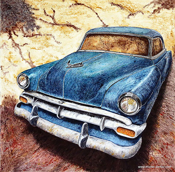Cette Chevrolet 1950 est souvent associée aux images marquantes des voitures amricaines de cette époque. Toile de 80 X 80 cm.