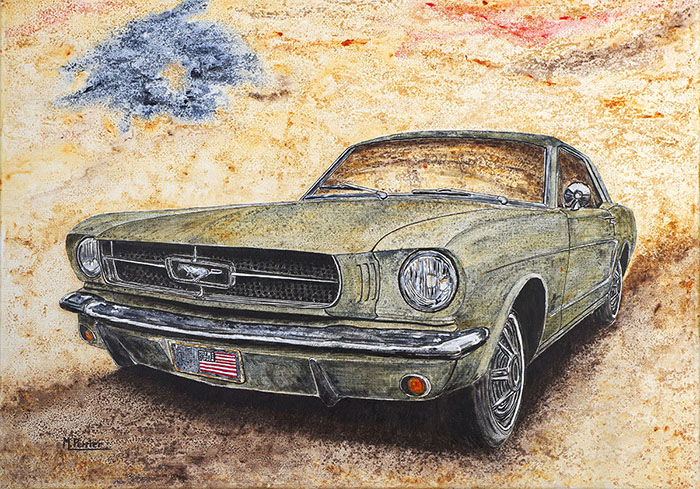 La FORD Mustang est très populaire en Europe depuis sa conception dans les années 60. Véritable icône américaine, sa présence a été marquante dans de nombreux films d'action. Châssis entoilé de format 50 X 70 cm en techniques mixtes.