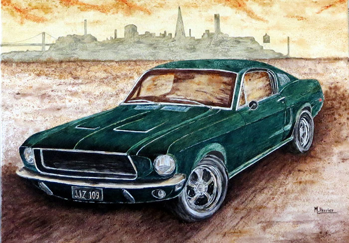 Ce modèle de FORD Mustang est associé à l'acteur Steve McQueen, grâce au film BULLITT avec une poursuite d'anthologie dans les rues de San Francisco. Toile de format 50 X 70 cm.