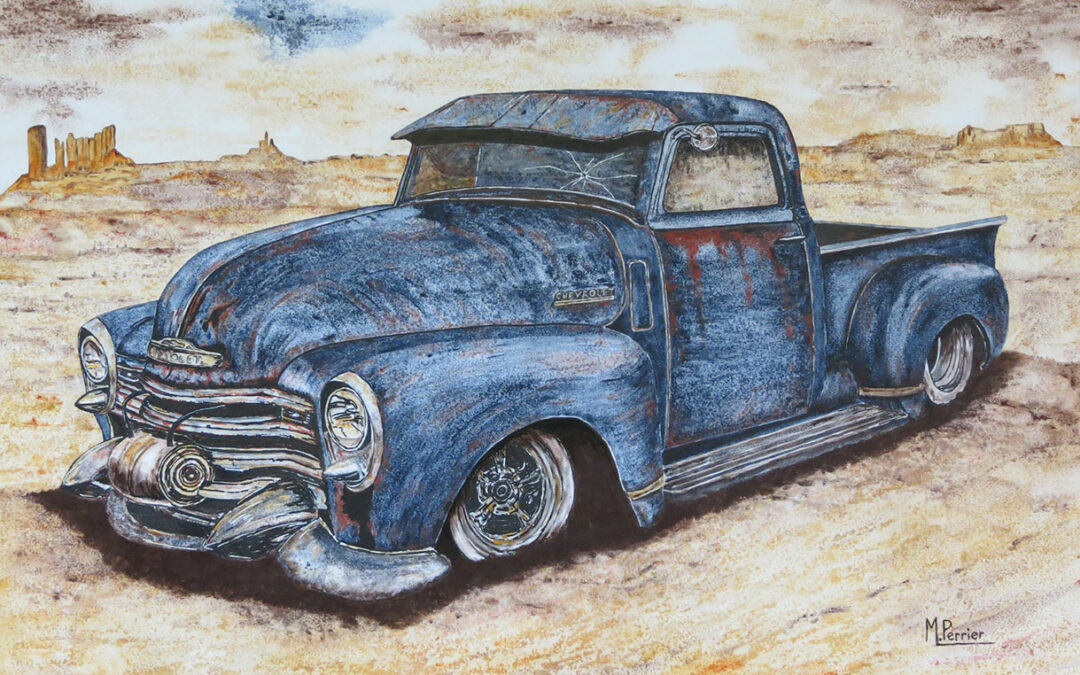 Ce modèle de CHEVROLET est très représentatif de l' American Way of Life, le pick-up figurant dans de nombreuses productions cinématographiques américaines. Toile de 65 X 92 cm.