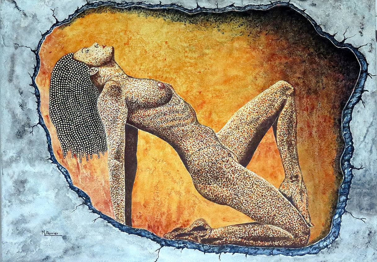 tableau final "Passe Muraille" : Image onirique d'un corps féminin en pointillé visible de l'autre côté d'un mur.
