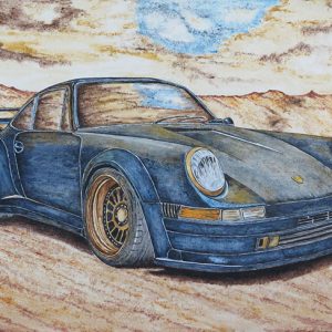 Libre interprétation de l'artiste pour une PORSCHE bleue au jantes dorées. Toile en lin de format 92 X 65 cm.